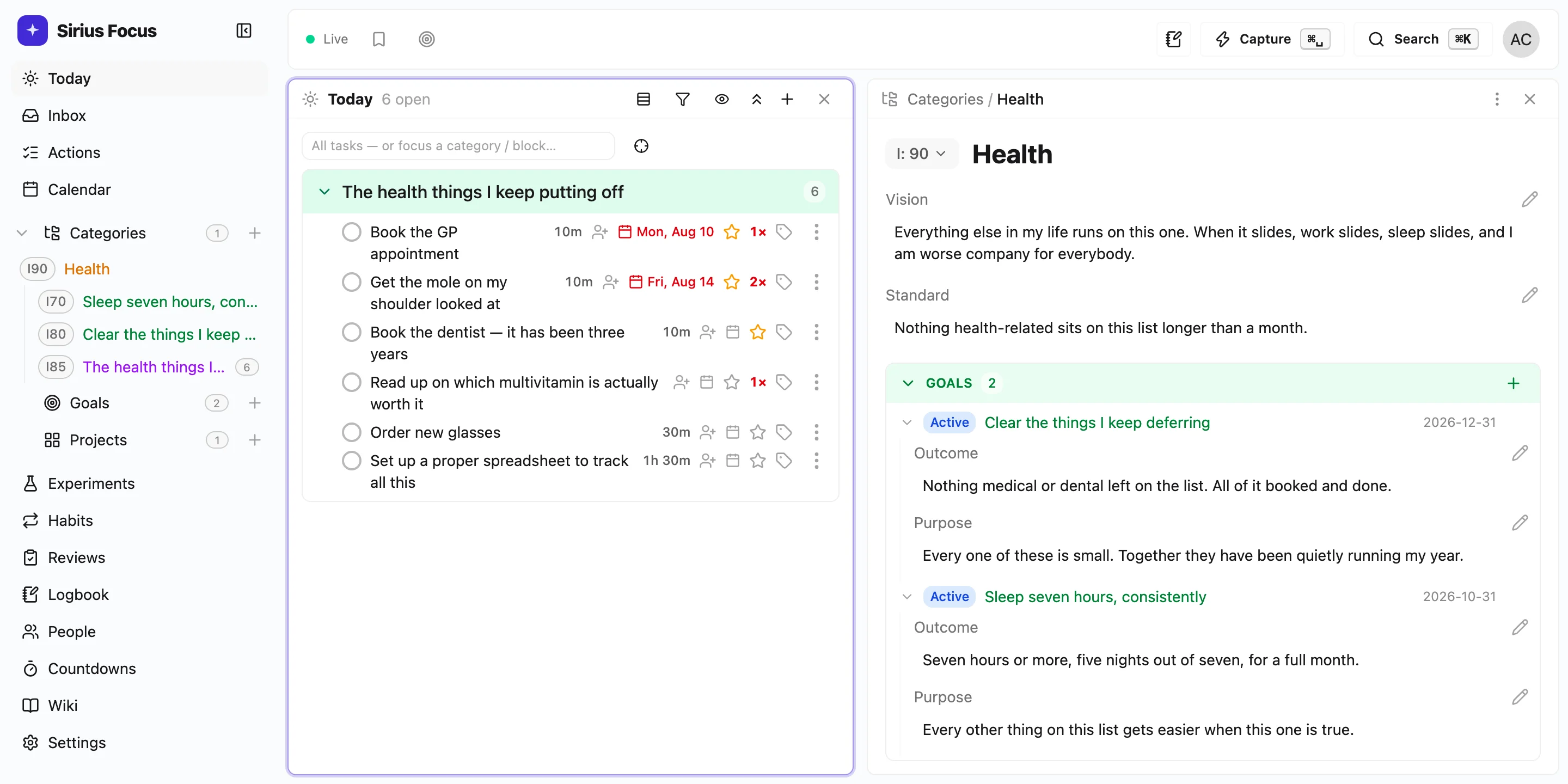 The Today view: six actions for the day, each with a time estimate, a deadline and a count of how many times it has been put off, beside the Health area and the goals they belong to.